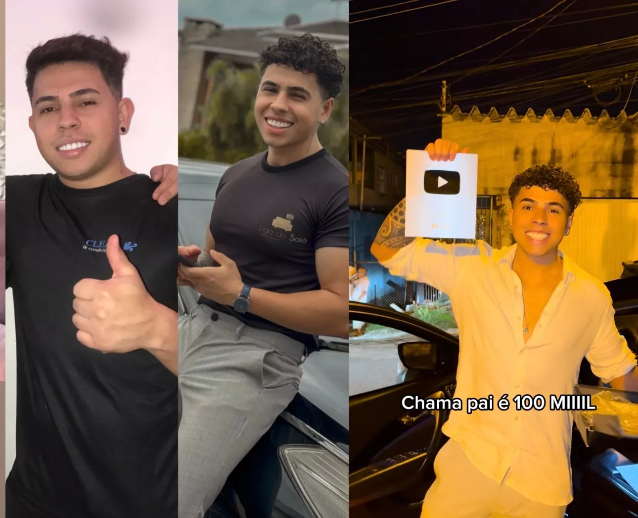 Três retratos de KEEL: polegar para cima, ao lado do carro e com a placa de 100 mil inscritos do YouTube